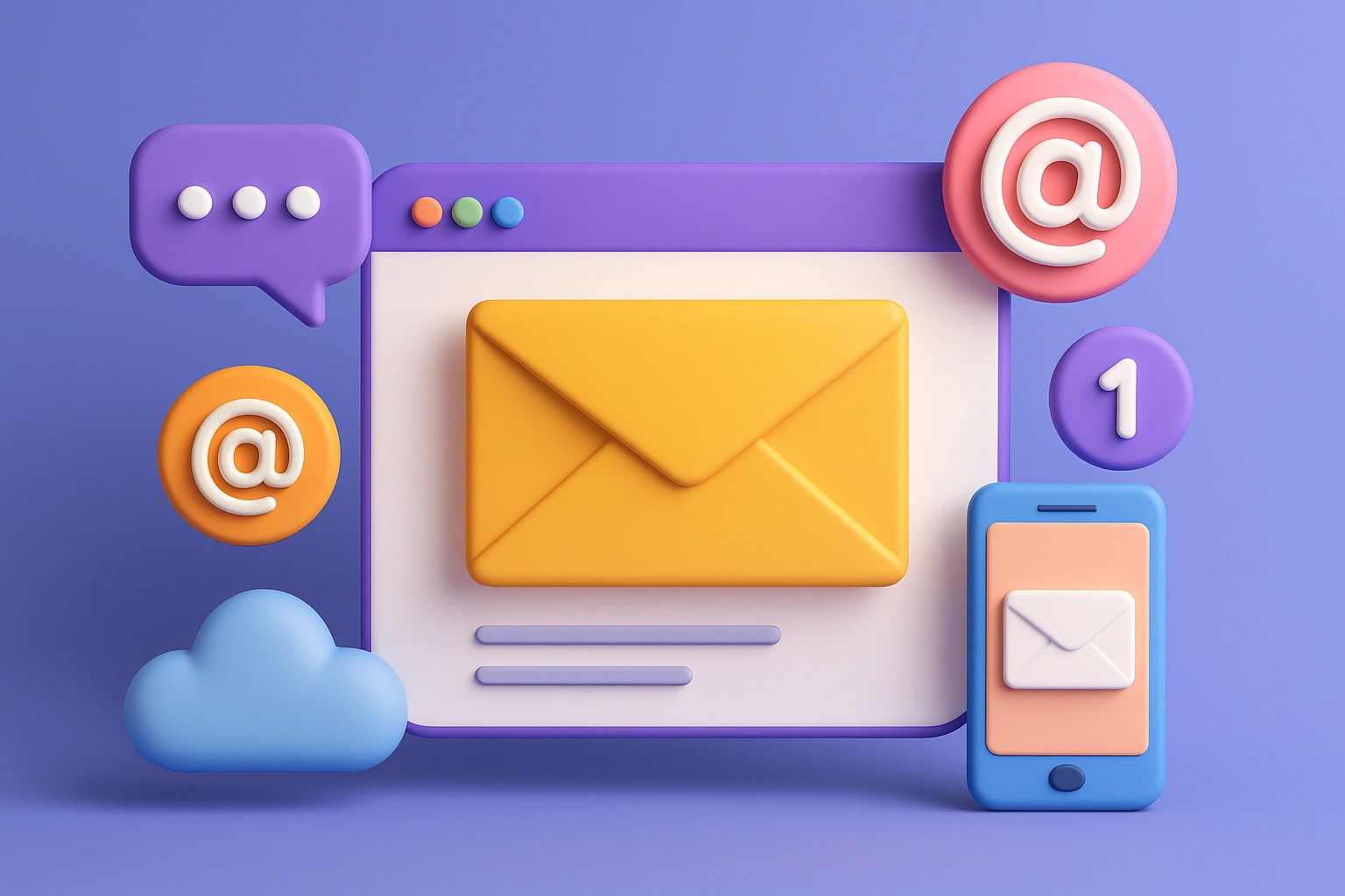 Grafica 3D con busta gialla, simboli @ e smartphone per rappresentare newsletter, email commerciale e dem marketing