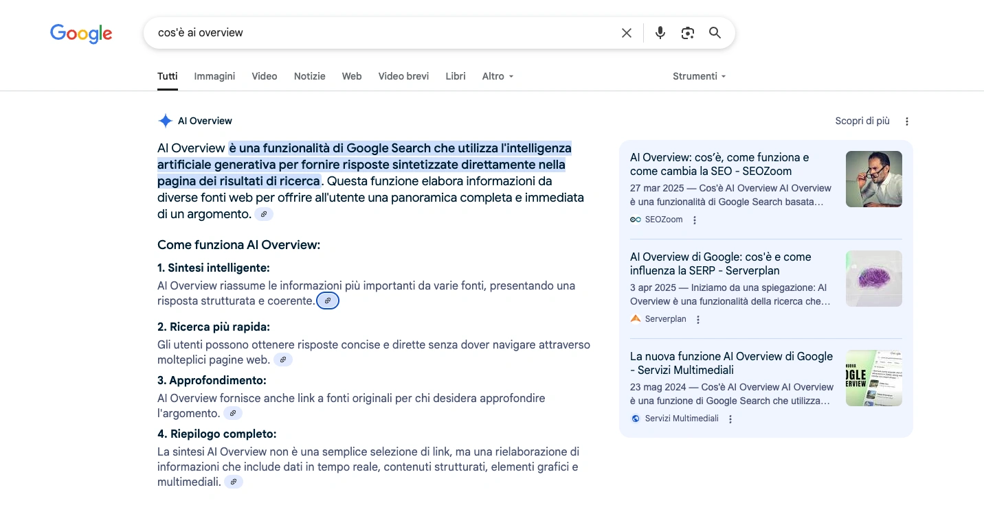Immagine di una ricerca con il risultato il AI overview, fornito dall'intelligenza artificiale di google