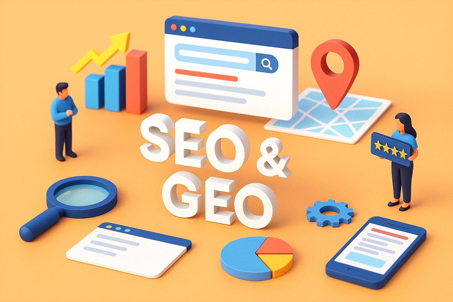 illustrazione con vista isometrica a tema GEO Generative Engine Optimization e SEO Generative Engine Optimization