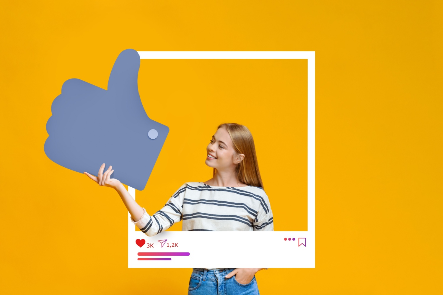 immagine che mostra una cornice social con ragazza e like gigante