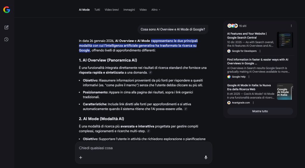 L’impatto di Google AI Overview ed AI Mode tra SEO, GEO e AEO 2 esempio di ricerca da AI Mode di Google