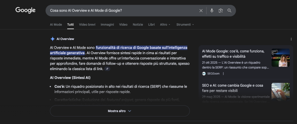 L’impatto di Google AI Overview ed AI Mode tra SEO, GEO e AEO 1 esempio di ricerca con suggerimento di AI Overview